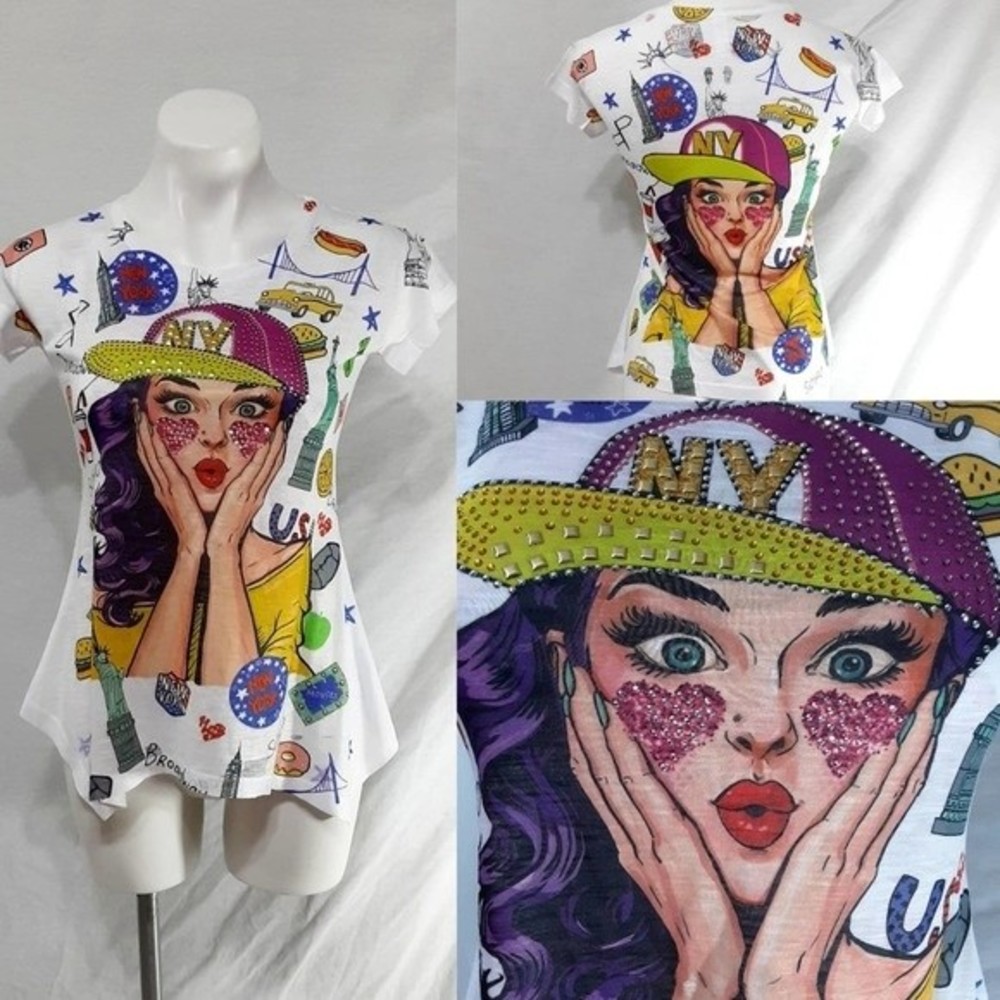 Graphic Rhinestone Blinged Short Sleeve Top Small Asymmetrical Hem Trendy Chic